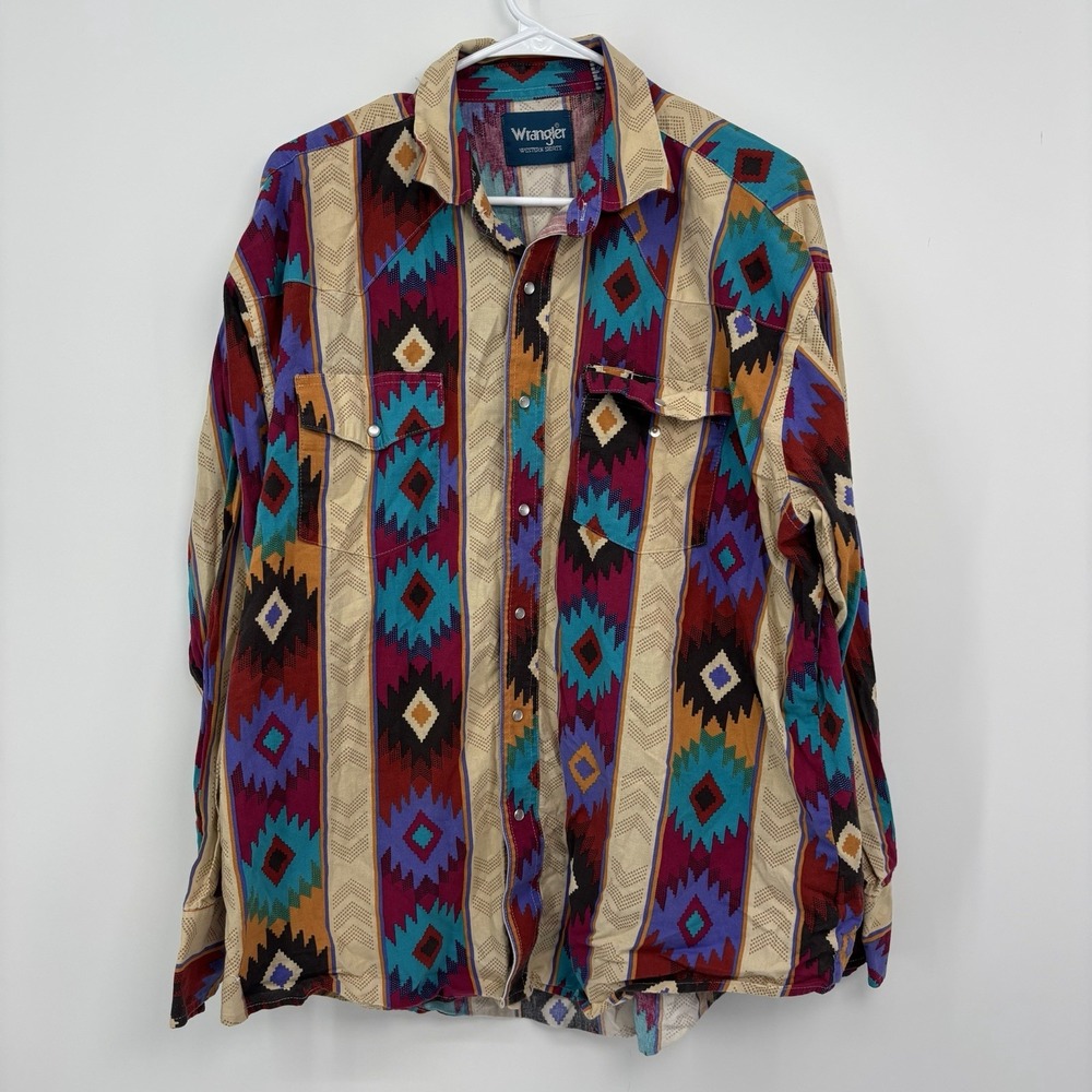 Vintage Wrangler Shirt Men's XL Western Aztec Long Sleeve Button Up Brush Popper